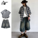 Advbridge Summer Casual Set Men Women Vintage Plaid Half Sleeve Loose Shirt Street Wash Distressed Denim Shorts New Japanese Oversize Suit