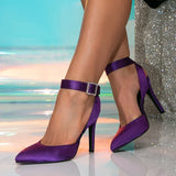 ADVBRIDGE  -  Purple Satin Designer Women Pumps Sexy Pointed Toe Rhinestone Buckle Ankle Strap High Heels Dress Shoes Spring Heeled Sandals