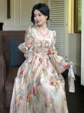 Advbridge French Printed Floral Midi Long Dress Women Autumn Square Collar Lantern Sleeve Lace-up Midi Vestidos Elegant One Piece Clothing