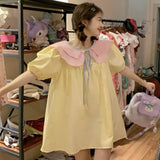 Advbridge Peter Pan Collar Puff Sleeve Dresses Women Summer Sweet Color Collision A-line Loose Preppy Style Bow Lace-up Short Dress Female