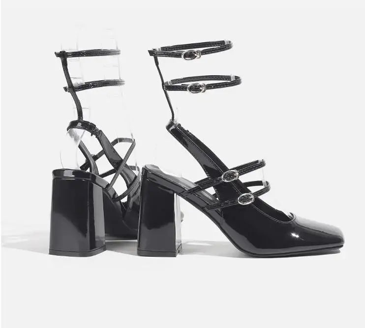 Advbridge New Retro French Square Toe Women High Heel Pumps Sexy Strappy Buckle Black Sandals Chunky High Heels Party Shoes