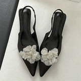 ADVBRIDGE  -   Satin Slingback Women Pumps Sexy Design Flowers Pointed Toe Thin Low Heels Dress Mule Shoes Zapatos De Mujer