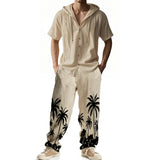 ADVBRIDGE  -  Daily Casual Loose Two Piece Suits Men Summer Fashion Pattern Print Outfits Mens Short Sleeve Hooded Shirts And Pants Loose Sets