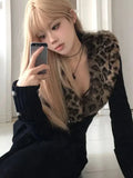 Advbridge Leopard Cardigan Women Japanese Gyaru V-neck Long Sleeve Streetwear Slim Sexy Cardigan Sweater Y2k Vintage Top Autuam
