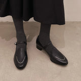 ADVBRIDGE  -  women's cow leather metal buckle slip-on flats Mary Jane loafers round toe rivet decoration casual female daily moccasins shoes