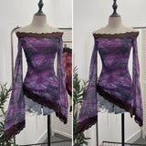 Advbridge Tie Dye Leopard Print Women's Boat Collar Big Bell Sleeve Top Lace Double Layer Mesh Irregular Y2k Shirt Blouse Summer Club Wear