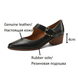 Advbridge NEW Spring/Fall Women Pumps Genuine Leather Shoes for Women Pointed Toe Chunky Shoes Mid-Heel Mary Janes Retro Belt Buckle Shoes