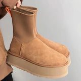 Advbridge Women Suede Platform Snow Boots High-cut Warm Ankle Chelsea Boots Winter Thick Sole Goth Shoes Short Plush Walking Boots