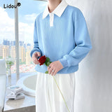 Advbridge Spring and Autumn Minimalist Fashion Color Blocking Polo Collar Waffle Long Sleeved Casual Loose Oversized Versatile Hoodie