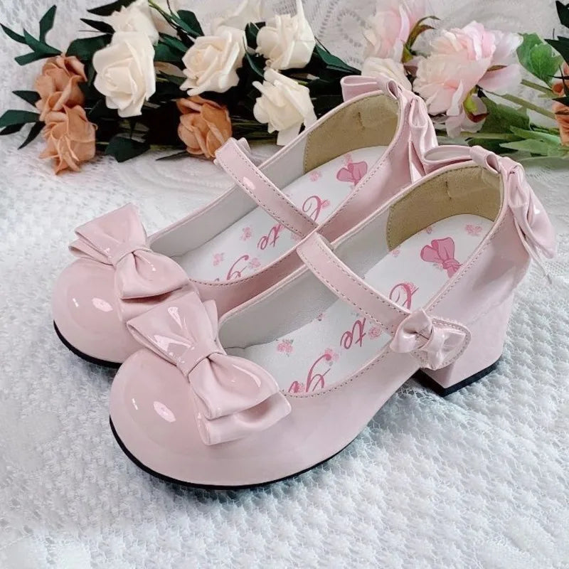 Advbridge Lolita Style Cute Round Head Mary Jane Pumps With Bow Women's Sweet Party Dress Midi Heels Shoes Fashion PU Sandals