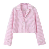 ADVBRIDGE  -  Pink Striped Casual Pants Sets Women Spring New Lace Trim Long Sleeve Pocket Crop Tops+Bow Sleeveless Tank Tops+Belted Trousers