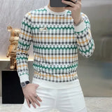 Advbridge Men Clothing Trendy Plaid Print Business Casual Slim Sweatshirts Male Korean Round Neck Long Sleeve Slim Pullover Tops Sudadera
