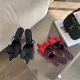ADVBRIDGE  -  Burgundy Stiletto Heel Pumps Woman Pointed Toe Slingback Shoes Summer Low Heels Bow Dress Shoes Classic Office Ladies Shoes
