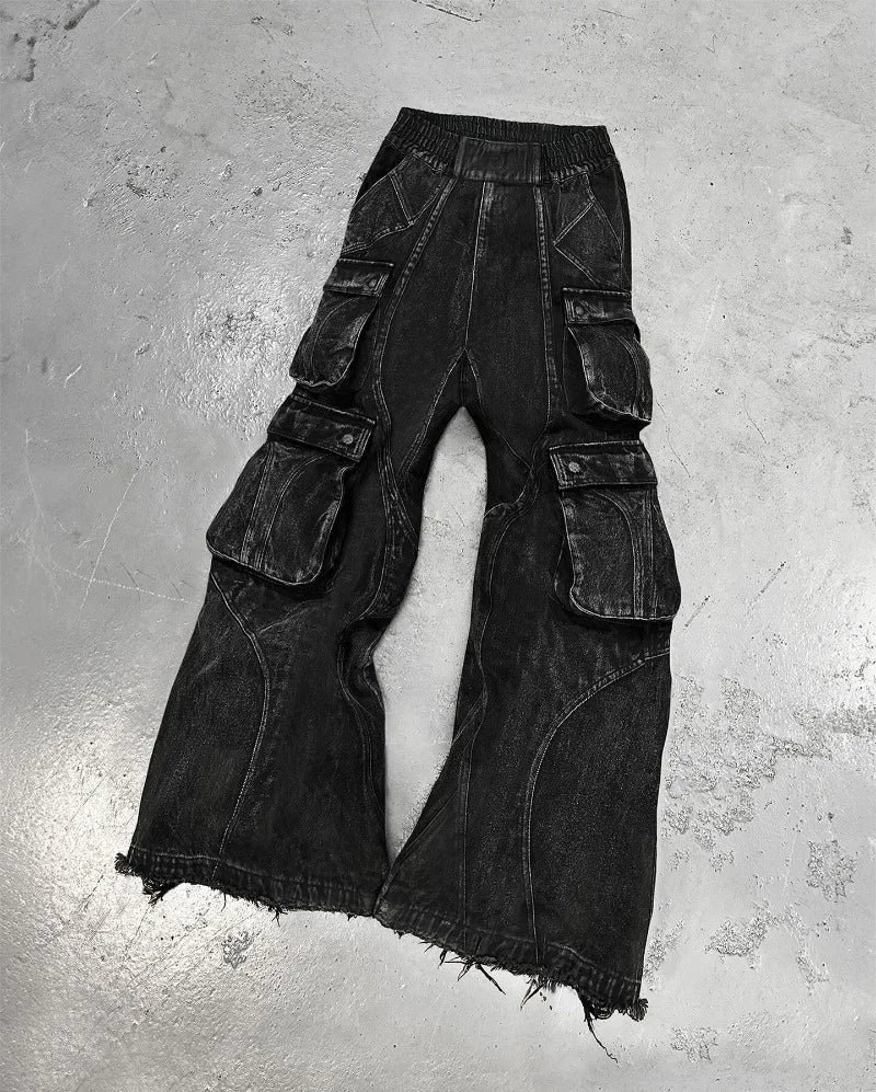 Advbridge Streetwear New Fashion Old Washing Heavy Industry Big Pocket Black Baggy Jeans Men Y2K Rock Hiphop Dark Casual Wide-leg Trousers