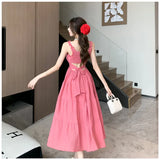 ADVBRIDGE  -  Summer Rose Pink Suspenders Strap Dresses Sweet Women Square Collar Ruffle Cute Backless Sexy Elegant Dress Female Casual