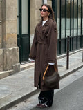 Advbridge Retro Casual Long Women's Coat Turndown Collar Long Sleeve Double Breasted Coats with Belt Fashion Vintage Loose Women Outerwear
