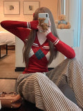 Advbridge Vintage V Neck Sweater Women Coquette Diamond Patterned Knitted Pullover Sweet Christmas Sueter Mujer Long Sleeve Tops