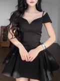 ADVBRIDGE  -  Vintage V Neck Off Shoulder Mini Dress A Line Hem Pleated Halter Robes Sleeveless Vestidos 2025 New Lady Party Fashion Clothing