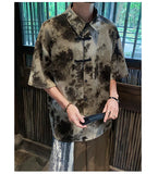 ADVBRIDGE  -  Mens Chinese Traditional Mountain Painting Printed Tang Shirts Frog Button Down Kong Fu Short Sleeve Summer Clothing Male XXXXXL