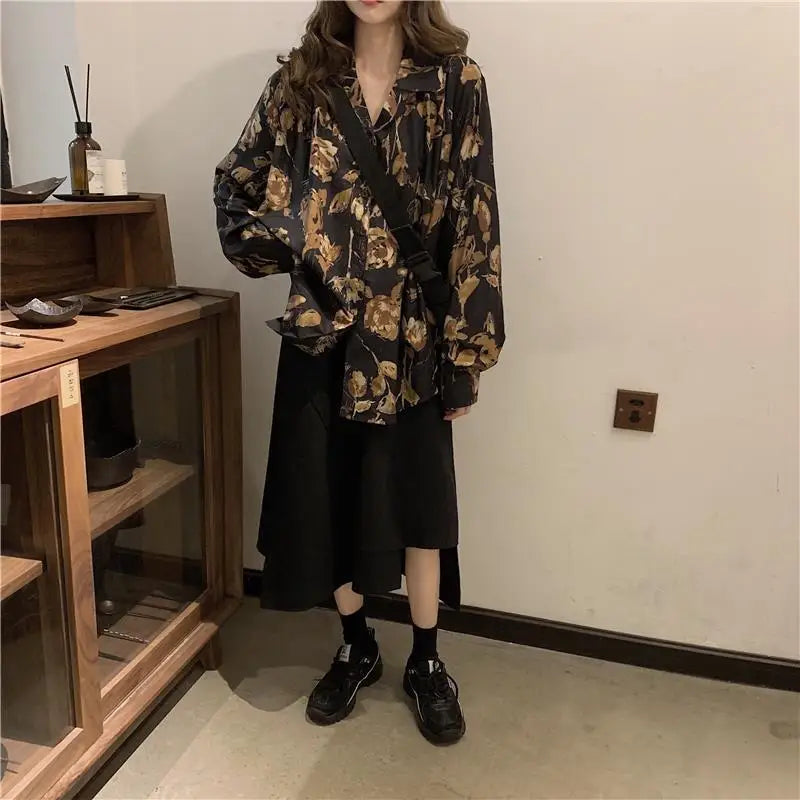 Advbridge Vintage Women's Blouses Oversized Harajuku Black Shirt Streetwear Preppy Style Kpop Fashion Chiffon Long Sleeve Top Casual