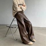 Advbridge Mens Pu Leather Pants Maillard Pu Trousers Autumn Streetwear American Retro Solid Color Simple Casual Pants Men'S Clothing