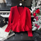 Advbridge 2025 Winter Casual Knitting Long Sleeve Purple Cardigans Women's Vintage Office Lady V-Neck Solid Color Elegant Slim Sweater Top