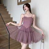 ADVBRIDGE  -  Purple Sweet Romantic Fairy Vestidos Mujer Bras Sexy Elegant Strap Dresses for Women Cute Mesh Princess Dress Ladies Summer Sale