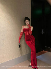 Advbridge -  Hot Girl Christmas Sexy Evening Dress Women's Autumn/Winter Fish Bone Lace Slim Fit Velvet Strap Dress Fashion Female Clothes