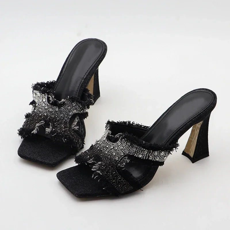 ADVBRIDGE  -  Luxury Design Crystal Rhinestone Women Slippers Sandal Blue Denim Summer 8CM Slides High Heels Sexy Square Toe Party Dress Shoes