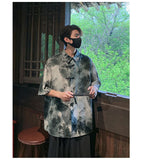 ADVBRIDGE  -  Mens Chinese Traditional Mountain Painting Printed Tang Shirts Frog Button Down Kong Fu Short Sleeve Summer Clothing Male XXXXXL