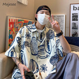 Advbridge Print Shirts Men Fashion Streetwear Handsome Summer Half Sleeve Turn-down Collar Korean Style Teenagers Popular Youthful Hipster