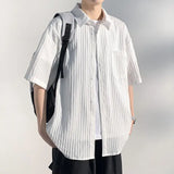 ADVBRIDGE  -  Men's Vertical Stripe Lapel Textured Loose-Fit Short Sleeve Shirt Casual Breathable Top Comfortable Wear, Trendy Summer Style