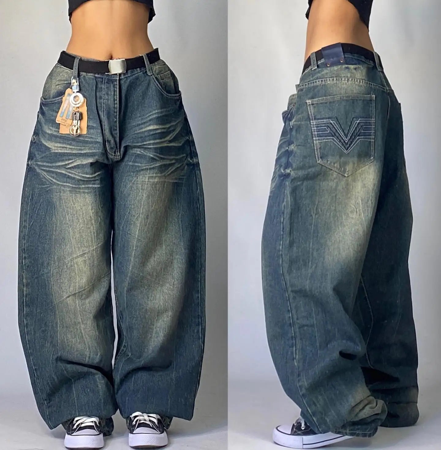 Advbridge Y2K Fashion New Oversized Letter Embroidery Old Washed Jeans Women Harajuku Vintage Hip Hop High Waist Wide Leg Pants Streetwear