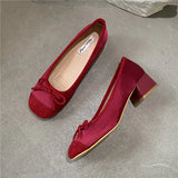 ADVBRIDGE  -  Fashion Elegant Red Ballerinas Women Pumps Slip on Loafers Round Toe Square Heels Bowknot Casual Spring Autumn Low Heel Shoes