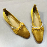 ADVBRIDGE  -  Elegant String Bead Silk Ribbon Knot Design Low Heel Mary Jane Shoes Woman French Style Yellow Square Toe Chunky Heel Loafers