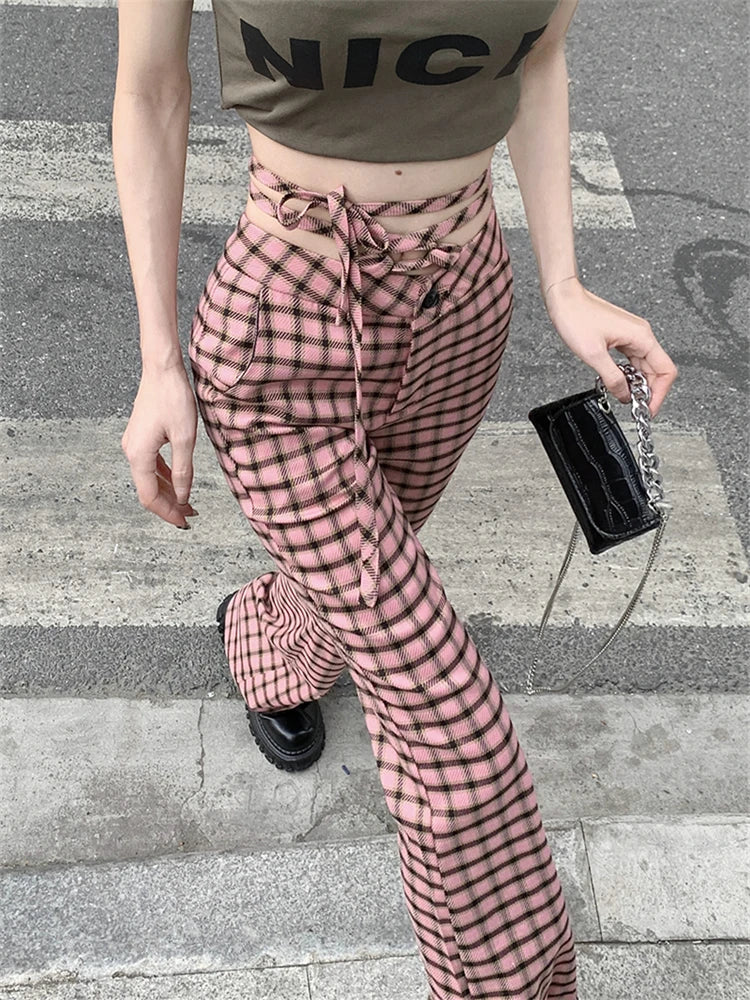 Advbridge  -  Women's Lace Up Design Vintage Plaid Pattern Casual Pants Fashion Girls Female High Waisted Skinny Straight Thin Trousers