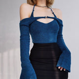 Advbridge  Y2K Knitted Halter Cami Tops And Flare Sleeve Shrug Set Blue Sweater Set Shawl Stacked 2 Piece Set Long Sleeve