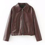 Advbridge Women Fashion Solid Lapel Pu Leather Belt Crop Coat Elegant Long Sleeved Zipper Pocket Jacket 2024 New Lady High Streetwears
