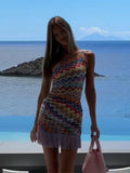 ADVBRIDGE  -  Fringe Printed Women Halter Dress Striped Slim Fit Sexy Bikini Vest Camisole Patchwork Beach Tassel Short Strap Dresses Summer