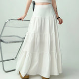 Advbridge White Elegant Women Long Skirt Ruffle Sweet Fashion Casual Basic Skirts Summer Solid Slim Up A-line Patchwork Skirt