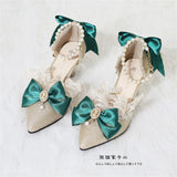 Advbridge Elegant Girls Victoria Princess Green Satin Bowknot Lolita Shoes Painting Woman Lace Pointed Sandals High Heel Cos Lolita Shoes