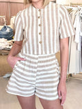 ADVBRIDGE  -  New Striped 2 Piece Set Women Crew Neck Single Breasted Short Sleeve Short Blouse Summer Elegant Casual Fashion Shorts Sets
