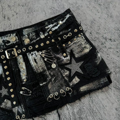 Advbridge Y2K New Gothic Retro Black Denim Skirt Harajuku Star Graphic Rhinestone Rivet Mini Skirt Sexy Hot Girl Slim Low Waist Hip Skirts