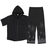 ADVBRIDGE  -  Daily Casual Loose Two Piece Suits Men Summer Fashion Pattern Print Outfits Mens Short Sleeve Hooded Shirts And Pants Loose Sets