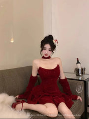 Advbridge -  Sweet Hot Girl Sequin Velvet Evening Dress for Women's Autumn and Winter Slim Fit Strapless A-line Dress Fashion Female Clothes