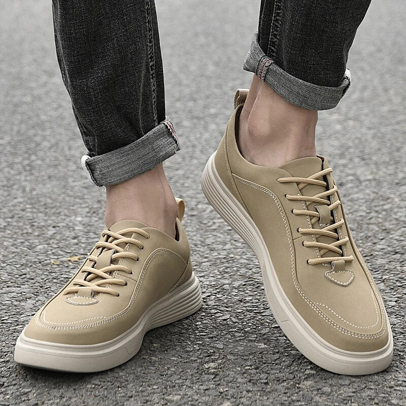 Advbridge Size 38-45 Men Cowhide Casual Fashion Breathable Lace-up Leather Shoes Board Shoes Men's Beige/gray Rubber Outsole Casual Shoes