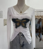 Advbridge Women's Sexy Mesh V-neck Navel-Baring T-shirt Skinny Hot Girl Denim Butterfly Embroidered Patchwork Top Essential Streetwear8921