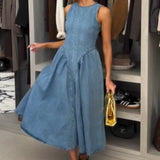 ADVBRIDGE  -  Casual Backless Denim Long Dress Fashion Lace Up Sleeveless Pleated Zipper Gown New Women Summer Highstreet Holiday Dresses 2025