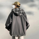 Advbridge Hoodies Coats Men Casual Fake Two-piece Plaid Patchwork Jacket Men's Spring Autumn Wild Streetwear Korean Cargo Jackets