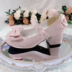 Advbridge Lolita Style Cute Round Head Mary Jane Pumps With Bow Women's Sweet Party Dress Midi Heels Shoes Fashion PU Sandals